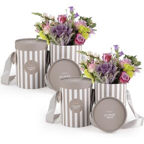 Striped Flower Hat Box 4 Pack | Round Flower Boxes for Arrangements | Satin Ribbon Handle & Waterproof Liner | Gift Box for Flowers with Lids