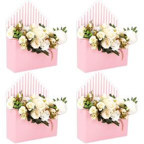 4Pcs Floral Envelope Box Empty Flower Stripe Paper Box Florist Bouquet Packaging Box for Mother's Day Wedding Birthday Party Arrangements, Pink