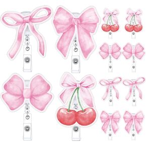 12 Pcs Pink Bow Badge Reel Retractable ID Badge Clip Cute Bow Holder Coquette Alligator Clips Tag Clip for Nurse, Medical Worker, Teacher Student Accessories
