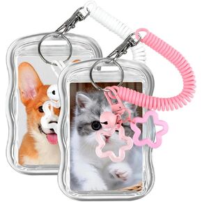 2Pcs Cute Photocard Holder Transparent Photo Card Holder Keychain with Spring Rope Small Bell Star ID Badge Holders PVC Clear Card Protector Badge Cover ID Holders for Badges Photocards Keychains