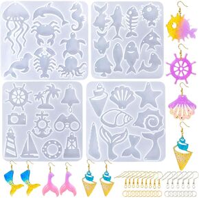 204Pcs Resin Earring Molds Ocean Marine Life Jewelry UV Resin Jellyfish Shell Starfish Earrings Keychain Necklaces Pendant Silicone Molds DIY Art Craft Jewelry Making Supplies