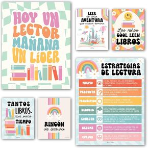 Hadley Designs Spanish Classroom Decorations – 6 Spanish Posters for High School, Decoración de Área para Salón de Lectura, Rincón de Lectura Decoración para Salón de Clases en Español, Retro Decor