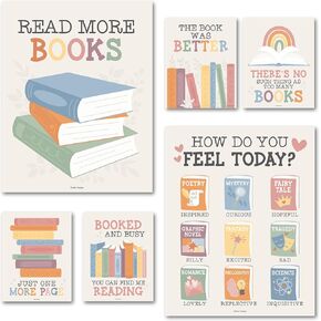 Hadley Designs 6 Motivational Reading Posters for Classroom – Elementary Wall Decorations, Library Prints, and Reading Corner Artwork - Muted Rainbow Classroom Decor