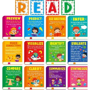 16Pcs Colorful Reading Strategies Posters for Classroom Educational Motivational Bulletin Board Set Read Posters for Back to School Reading Corner Nursery Library Chalkboard Wall Art Decor Supplies