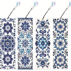 4pcs Diamond Art Bookmark Set - Blue and White Porcelain Pattern, Crystal Water Diamond Art Gift with Diamond Pendant, Suitable for Office, School Reading Enthusiasts, DIY Crafts Gifts, Birthday Gifts