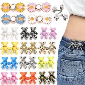 Bear Jean Buttons Pins, 17 Pair Adjustable Flower Pant Waist Tightener Jeans Waist Tightener Clip Pants Clip Bear Buttons for Jeans Women Skirt