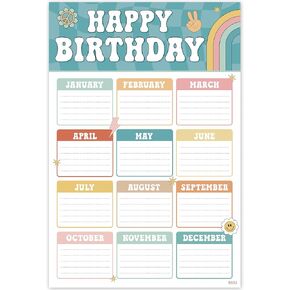 Boho Groovy Classroom Birthday Chart 16"x24", Back to School Happy Bday Poster Calendar for Kids Student, Pastel Bulletin Board Decoration Gift, Reusable Teaching Supplies, Shipped in Tube