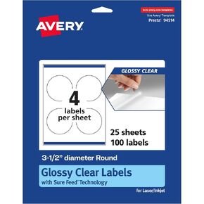 Avery Glossy Clear Round Labels ، Sure Feed Technology ، قطره 3.5 بوصة ، 40 ملصقات واضحة لامعة ، طباعة إلى الحافة ، والليزر/الحبر القابلة للطباعة