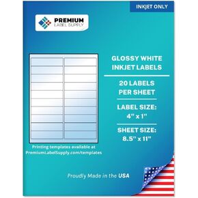 Premium Label Supply Glossy White Address Sticker Labels – 4" x 1" – (20 per Sheet) (Glossy White for Inkjet Only, 200 Labels)