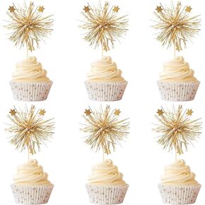 30 Pcs Gold Fireworks Shape Cupcake Decoration,Sparkling Gold Cake Toppers, For Various Birthday Party Anniversary Cake Pastries Decorations