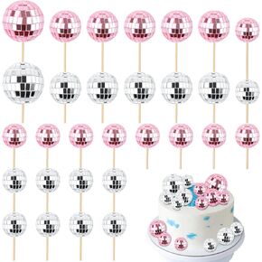 30Pcs Disco Ball Cupcake Toppers with Stick, Shiny Mini Disco Ball Picks Disco Theme Party Supplies, 70s Retro Cake Decorations for Dessert Birthday Decorations(Pink, Silver)