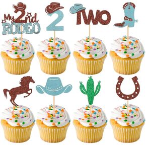 48Pcs My First Rodeo Cupcake Toppers Cowboy 1st Birthday Cupcake Picks ONE Horse Cowboy Hats Horse Cactus Horseshoe Western Cowboy Birthday Cupcake Decorations Blue