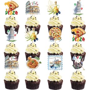 Italian Theme Party Decorations - 40 Pcs Italy Pizza Birthday Cupcake Toppers Picks, Rome Colosseum Spaghetti Cup Cake Topper, Buon Comleanno Summer Party Supplies Photo Background Decor