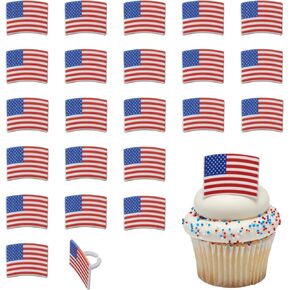 American Flag Cupcake Rings, 24 DecoPac USA Stars & Stripes Cake Toppers For July 4th, Independence Day, Red, White, Blue, America - 24 Pack