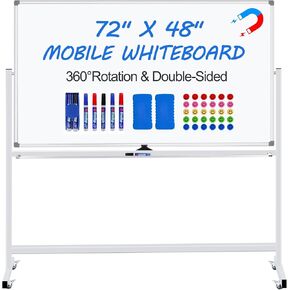 Magnetic White Board Dry Erase Whiteboard with Rolling Stand 72"x48" Double-Sided Mobile Large White Board on Wheels, Including 3 Magnetic Erasers, 7 Markers, 30 Magnets