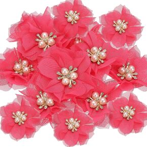 PATIKIL 2.36 Inch Rhinestone Pearl Chiffon Flower, 15 Pcs Sewing Fabric Appliques for DIY Craft Clothing Headbands Wedding Party Decoration, Beige