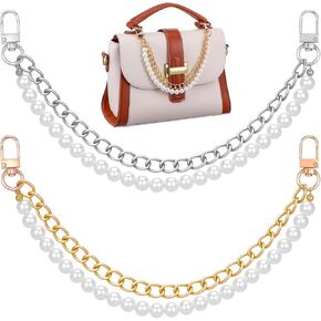 FNANJWQ Pearl Purse Chain, 2Pcs Gold Silver Handbag Straps, Metal Shoulder Crossbody Bags Chain Extender, Short Handle Replacement Charms Accessories for Women