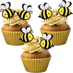 50PCS Bumble Bee Cupcake Toppers Double Layer Cake Decorations for Bee Theme Birthday Party Baby Shower Wedding Party Supplies
