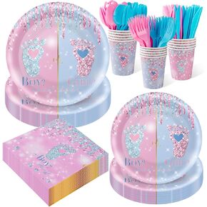 350PCS Gender Reveal Party Supplies Serves 50 Guests Boy or Girl Decorations Tableware Set with Disposable Paper Napkins,Cups, Plastic Forks, Knives,Spoons for Baby Shower Favors