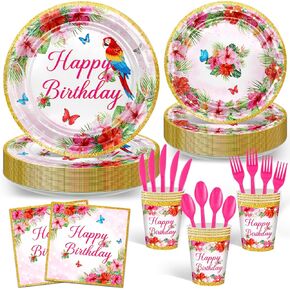 Avezano 168 pcs Hawaiian Luau Birthday Party Decorations Tropical Birthday Plates and Napkins Disposable Serve 24 Parrot Tropical Tableware for Women Girls