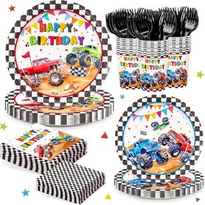 144pcs Monster Truck Plates Napkins Birthday Party Decorations Disposable Truck Paper Cups Monster Truck Party Supplies Tableware Set for Kids Boys Birthday Decor Serve 24 Guests