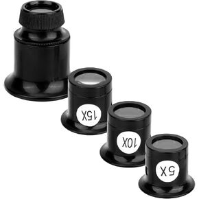 4 Pcs Jewelers Loupe Set, 5X/10X/15X/20X Portable Monocular Magnifier with Dome Optics Lens Handheld Magnifying Glass for Watch Repair, Gemstone Inspection, Diamond Grading & Stamp Reading