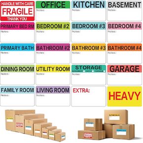 500 Pcs, 20 Designs Moving Labels for Boxes Color Coded (3" x 2" Size/Label) – Moving Stickers for Boxes Color Coded with Writable Notes – Packing Labels for Moving Boxes & Fragile Stickers