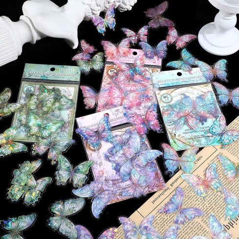 80pcs Glitter Butterfly Stickers Holographic Waterproof Clear Transparent Butterfly Stickers for Scrapbooking Sparkly Crystals Resin Sticker Decals for Journaling Water Bottles Planner Laptop in Saudi Arabia