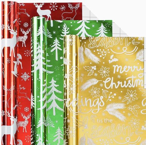 Merture 3 Rolls Christmas Wrapping Paper Set - 17 inch x 120 inch per Roll - Red, Green, Gold Metallic Gift Wrap With Reindeer, Christmas Tree, Snowflake, Dahlia Design in Kuwait