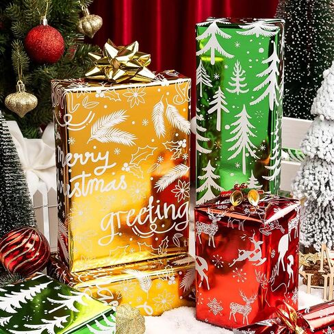 Merture 3 Rolls Christmas Wrapping Paper Set - 17 inch x 120 inch per Roll - Red, Green, Gold Metallic Gift Wrap With Reindeer, Christmas Tree, Snowflake, Dahlia Design in Kuwait
