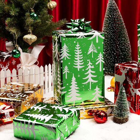 Merture 3 Rolls Christmas Wrapping Paper Set - 17 inch x 120 inch per Roll - Red, Green, Gold Metallic Gift Wrap With Reindeer, Christmas Tree, Snowflake, Dahlia Design in Kuwait