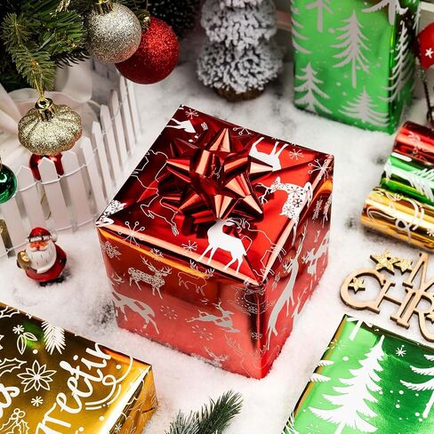 Merture 3 Rolls Christmas Wrapping Paper Set - 17 inch x 120 inch per Roll - Red, Green, Gold Metallic Gift Wrap With Reindeer, Christmas Tree, Snowflake, Dahlia Design in Kuwait