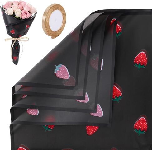20 Sheets Pink Strawberry Flower Wrapping Paper, Matte Korean Florist Floral Bouquet Wrapping Paper with Ribbon, Waterproof Flower Wrap for Bouquets Gifts Girl Birthday Wedding Graduation Mother's Day in Kuwait