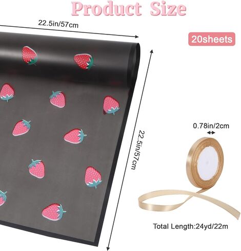 20 Sheets Pink Strawberry Flower Wrapping Paper, Matte Korean Florist Floral Bouquet Wrapping Paper with Ribbon, Waterproof Flower Wrap for Bouquets Gifts Girl Birthday Wedding Graduation Mother's Day in Kuwait
