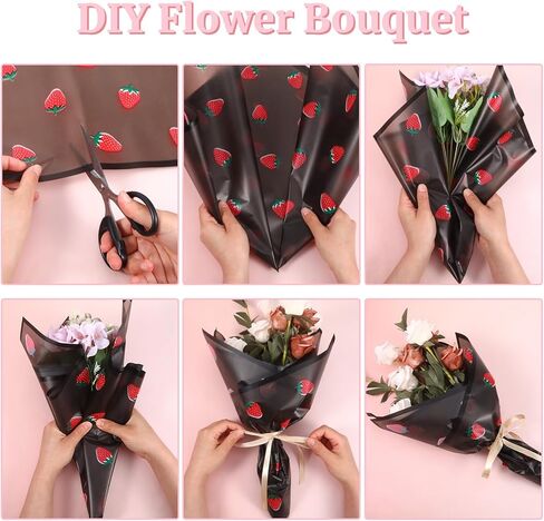 20 Sheets Pink Strawberry Flower Wrapping Paper, Matte Korean Florist Floral Bouquet Wrapping Paper with Ribbon, Waterproof Flower Wrap for Bouquets Gifts Girl Birthday Wedding Graduation Mother's Day in Kuwait