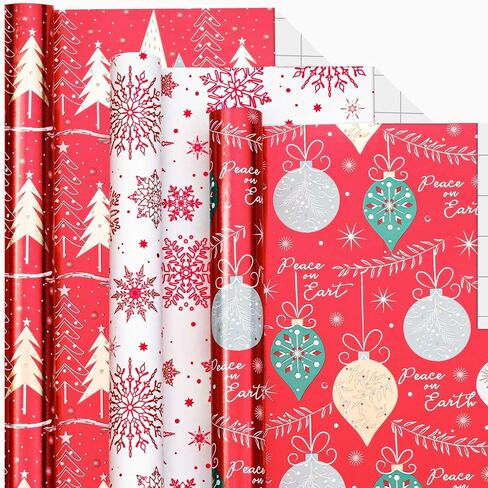 Merture 3 Rolls Christmas Wrapping Paper Set - 17 inch x 120 inch per Roll - Red, Green, Gold Metallic Gift Wrap With Reindeer, Christmas Tree, Snowflake, Dahlia Design in Kuwait