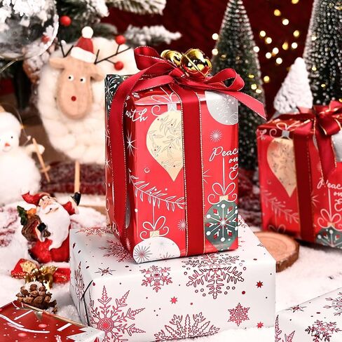 Merture 3 Rolls Christmas Wrapping Paper Set - 17 inch x 120 inch per Roll - Red, Green, Gold Metallic Gift Wrap With Reindeer, Christmas Tree, Snowflake, Dahlia Design in Kuwait