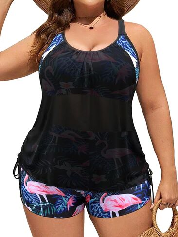 Plus Size Tankini Women Tummy Control 2PC Swimwear with Drawstring Shorts | Drawstring top ,Blouson swimwear,Tummy Control,Removable pads , Adjustable straps,Modest flowy top in Saudi Arabia