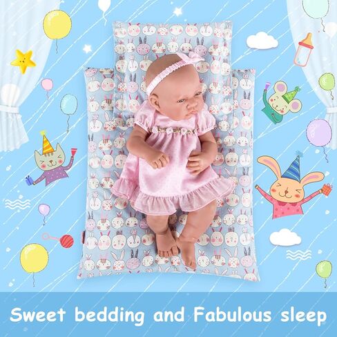 2-PC مجموعة دمية الفراش مع المعزي والوسادة ، وملحقات فراش دمية طباعة قابلة للانعكاس ، وتناسب دمى الفتيات الأمريكية وغيرها من دمى 18 بوصة in Kuwait