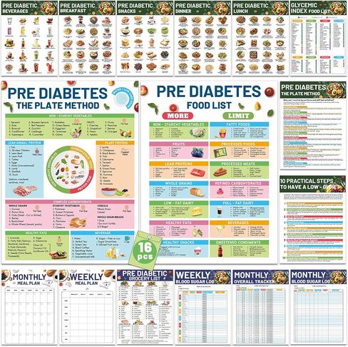 gisgfim 16Pcs Diabetes Food List Poster for Diabetics Food Chart Information Diet Plan High Fiber Protein Vitamin Low Carb Foods List Posters for Blood Sugar Control Weekly Blood Sugar Log Supplies in Saudi Arabia