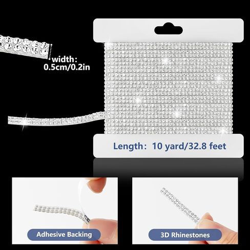 10-Yard Rhinestone Ribbon Self Adhesive Crystal Rhinestones, 2-Rows Bedazzling Strips, 10-Yard Rhinestone Strips for DIY Craft, Rhinestones for Crafting, Home Decor, Transparent Crystal in Kuwait