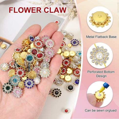 PATIKIL 200 Pcs Sew on Rhinestones Crystals 8mm 10mm 12mm 14mm, 3 Layers Sewing Flower Claw Rhinestones Glass Gems Metal Base for DIY Craft Dress Clothes Belt Decoration, Gold/Red in Saudi Arabia
