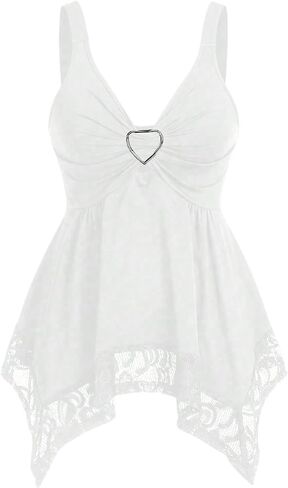 SHENHE Women's Heart Ring Lace Trim V Neck Tank Asymmetrical Flowy Goth Tank Top in Kuwait