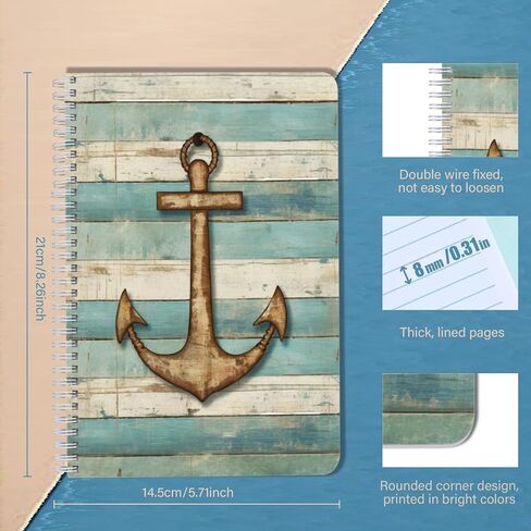 Lined Spiral Journal Notebook,100 Pages,5.71x 8.26 inches College Ruled Paper Double-Wire Spiral Notebook for Study and Notes - Rustic Anchor Wood Grain in Kuwait
