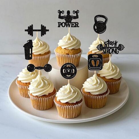 24PCS Gym Theme Cupcake Toppers Weight Lifting Workout Cake Decorations for Muscle Party Fitness Theme Birthday Party Strong Bodybuilding Theme Party Supplies in Kuwait