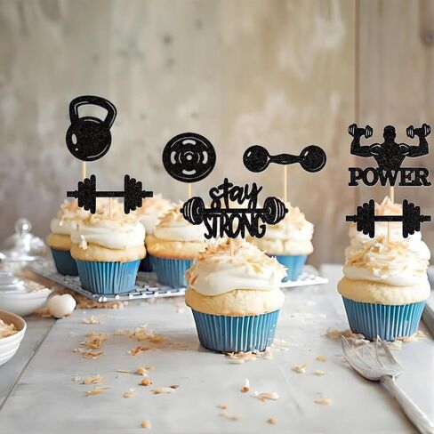 24PCS Gym Theme Cupcake Toppers Weight Lifting Workout Cake Decorations for Muscle Party Fitness Theme Birthday Party Strong Bodybuilding Theme Party Supplies in Kuwait