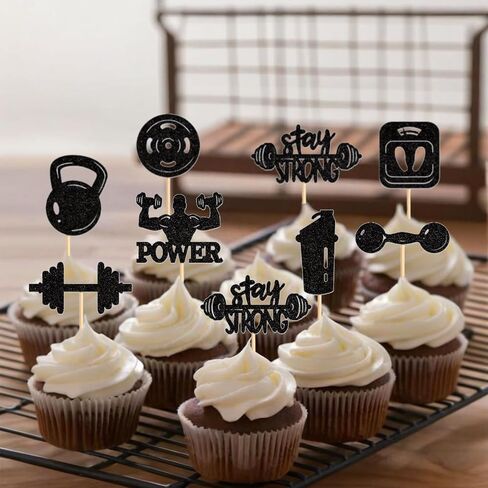 24PCS Gym Theme Cupcake Toppers Weight Lifting Workout Cake Decorations for Muscle Party Fitness Theme Birthday Party Strong Bodybuilding Theme Party Supplies in Kuwait