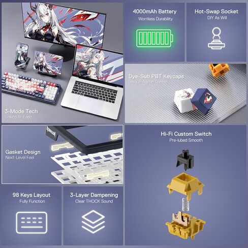 Redragon K686 PRO SE 98 Keys Wireless Gasket RGB Gaming Keyboard, 3-Mode Anime Mechanical Keyboard w/Hot-Swap Socket, Dedicated Knob Control & Sound Absorbing Pads, Custom Hi-Fi Linear Switch in Kuwait