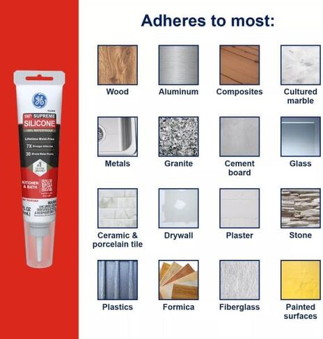 سدادة سيليكون سوبريم من GE للمطبخ والحمام - مانع تسرب سيليكون مقاوم للماء بنسبة 100%، التصاق أقوى 7 ​​مرات، مقاوم للانكماش والتشقق - أنبوب 2.8 أونصة سائلة، أبيض، عبوة واحدة in Kuwait
