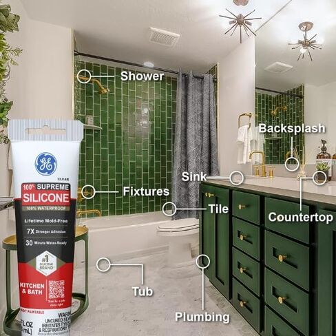 سدادة سيليكون سوبريم من GE للمطبخ والحمام - مانع تسرب سيليكون مقاوم للماء بنسبة 100%، التصاق أقوى 7 ​​مرات، مقاوم للانكماش والتشقق - أنبوب 2.8 أونصة سائلة، أبيض، عبوة واحدة in Kuwait